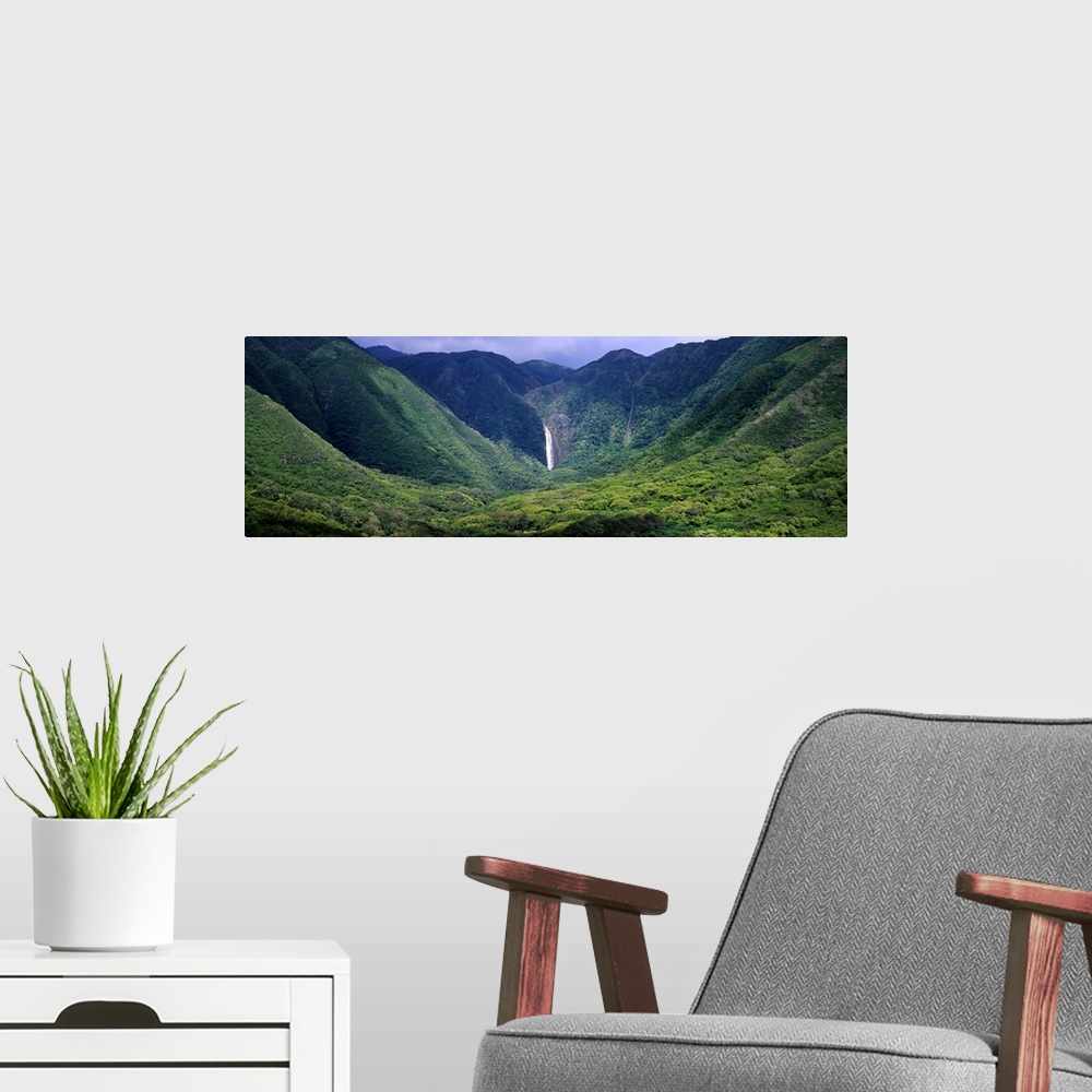 A modern room featuring Waterfall in a forest, Moaula Falls, Halawa Valley, Molokai, Hawaii