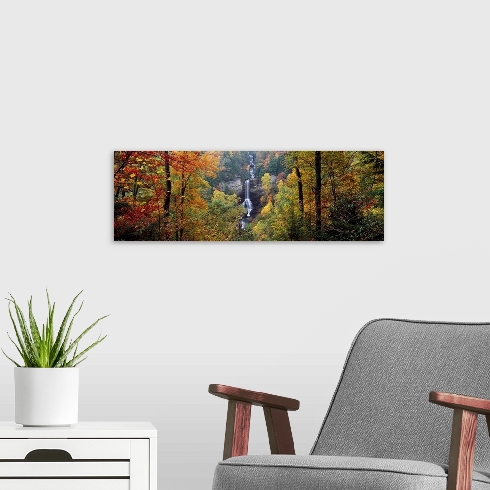 A modern room featuring This panoramic wall art is a photograph of a waterfall cascading down a sheet rock face in an aut...