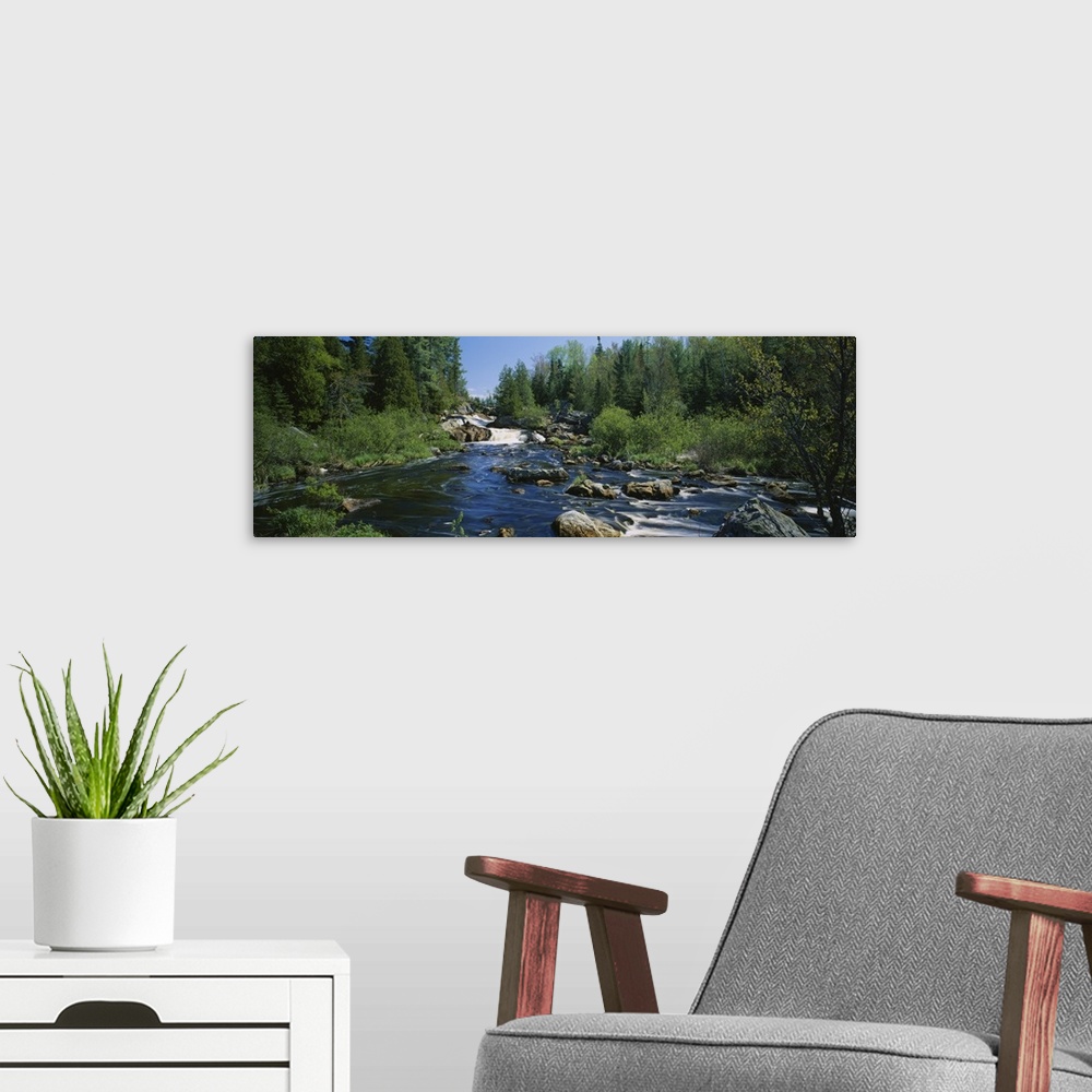 A modern room featuring Panoramic photograph of rock stream lined with forest on both sides.
