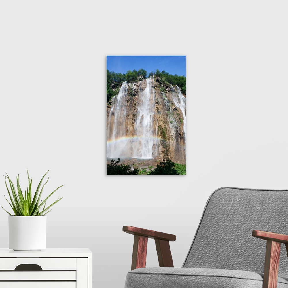 A modern room featuring Waterfall with rainbow, Veliki Slap, Plitvice Lakes National Park, Croatia