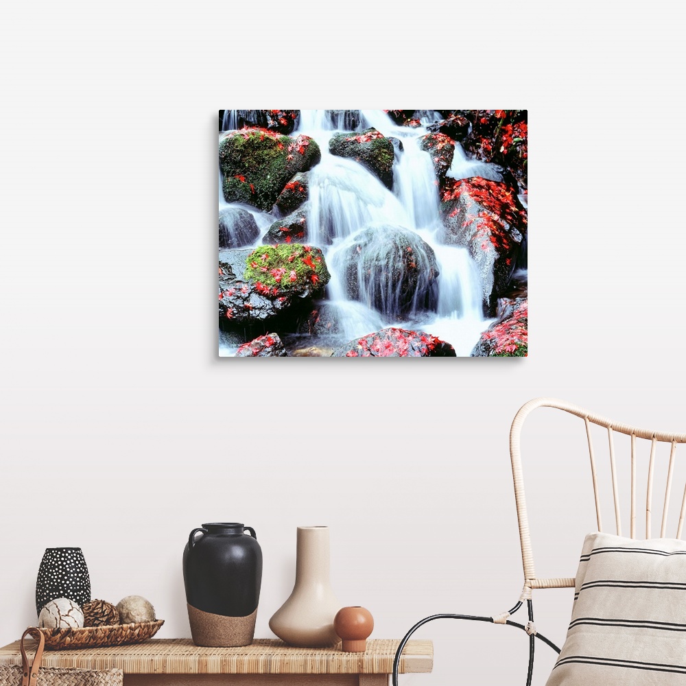 A farmhouse room featuring Large photograph includes water cascading furiously over moss and leaf-covered rocks.