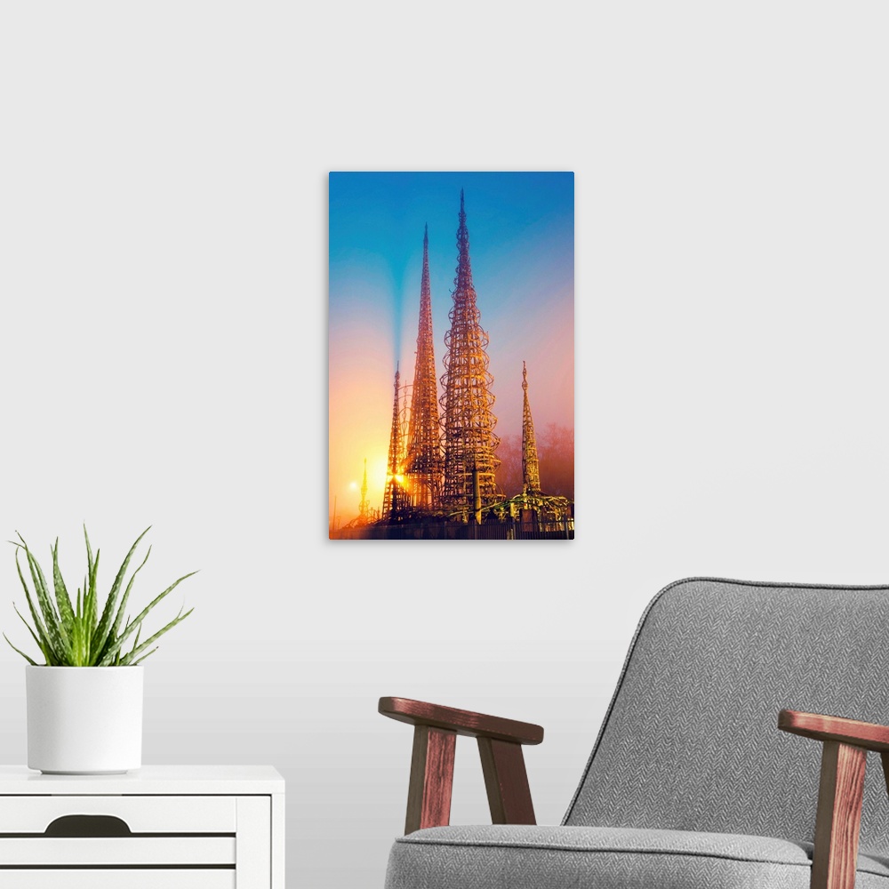 A modern room featuring Watts Towers at dusk, Watts, Los Angeles, California