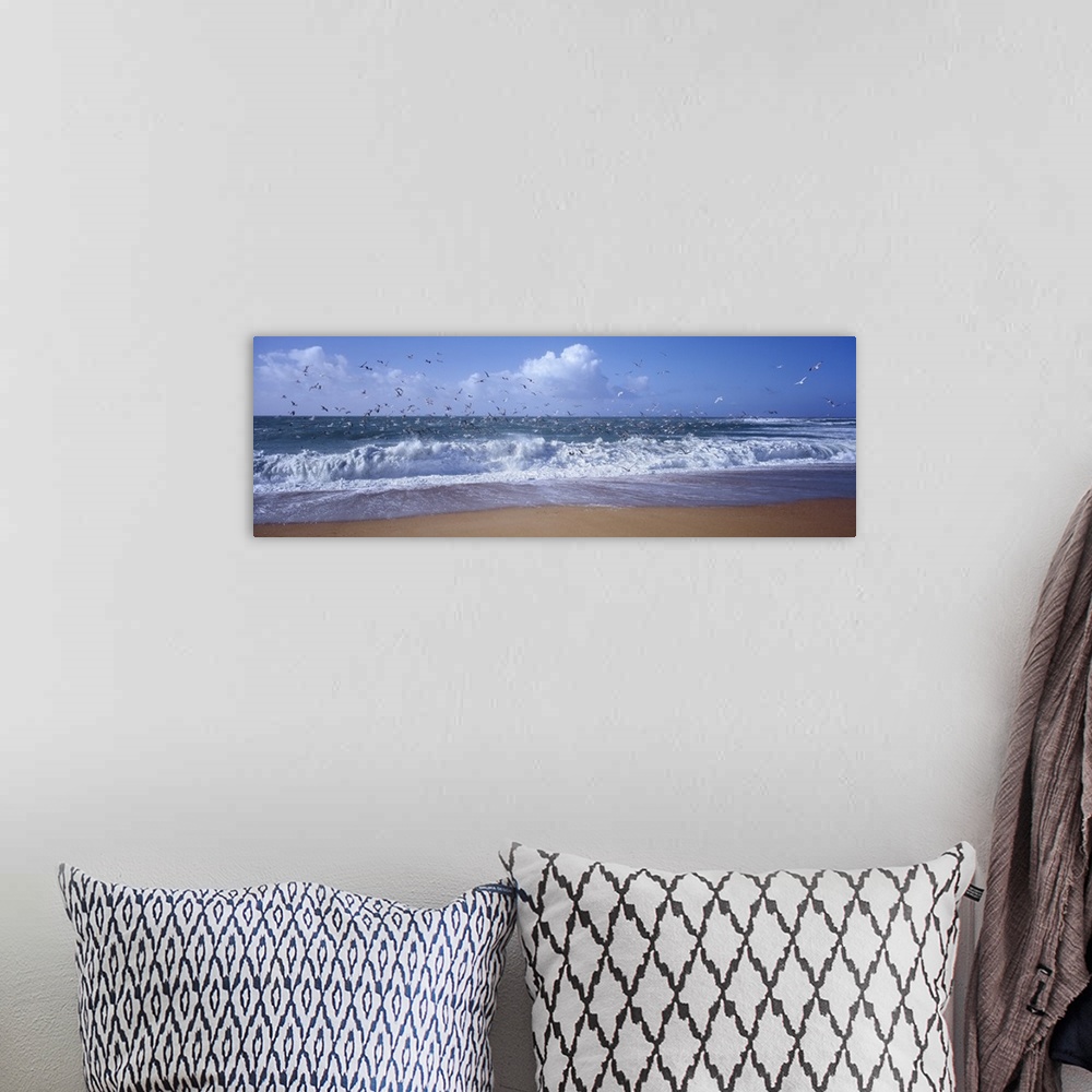 A bohemian room featuring Wide angle photograph of waves crashing into the sandy shore, as a flock of birds sly overhead, i...