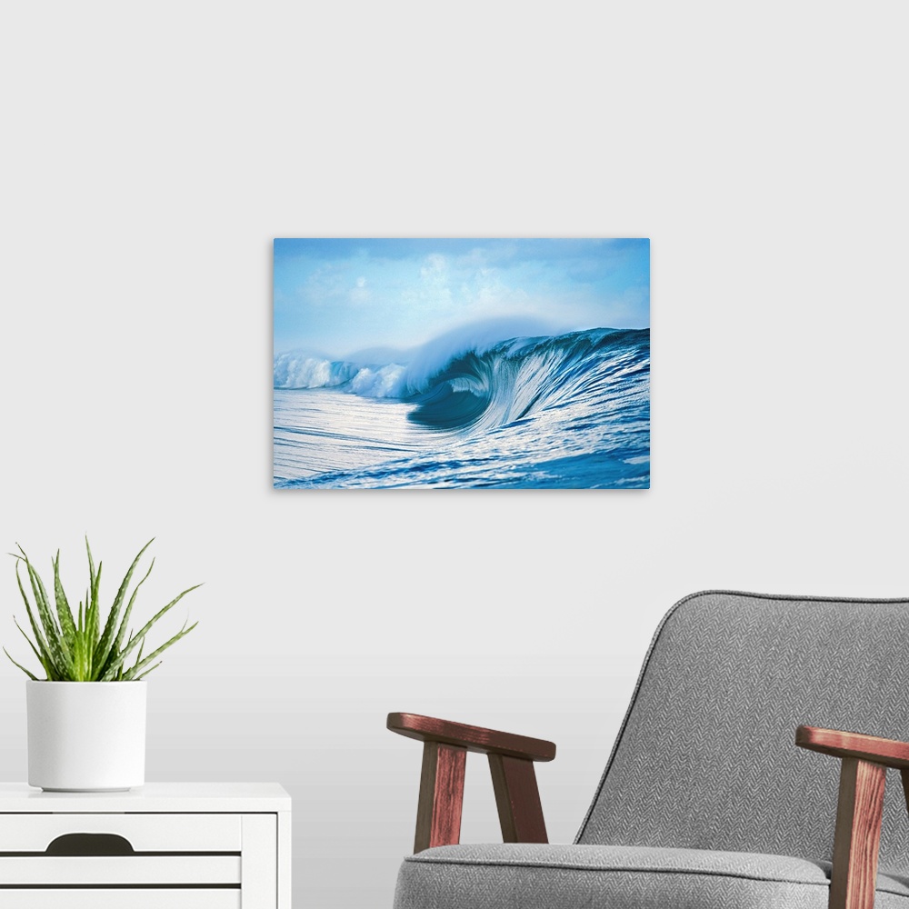 A modern room featuring Waves splashing in the sea