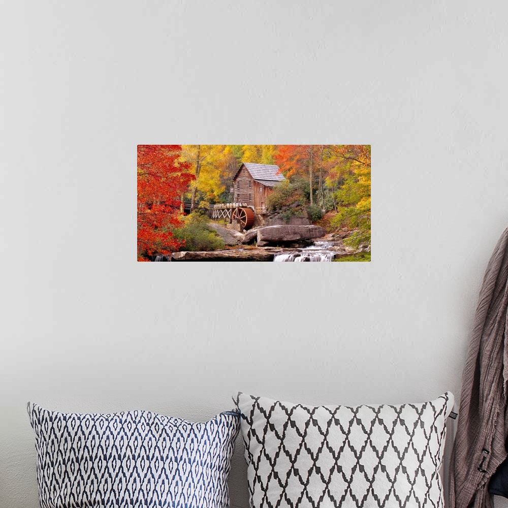 A bohemian room featuring Panoramic photograph of the Glade Creek Grist Mill located within Babcock State Park in West Virg...