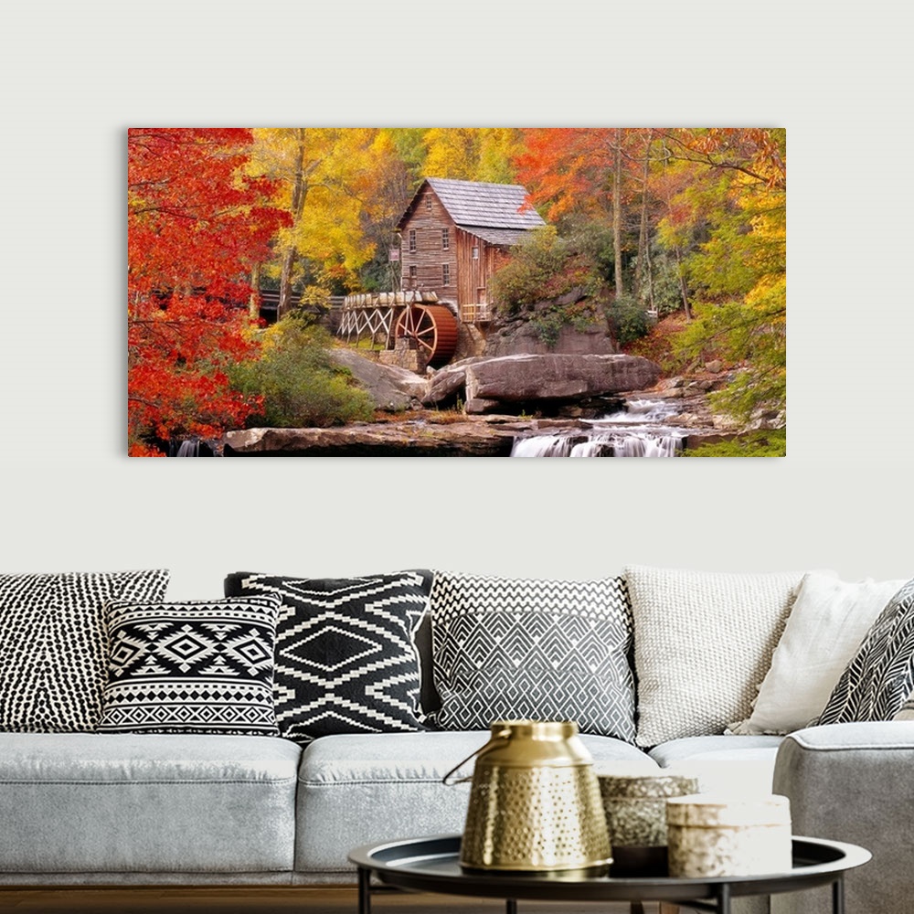A bohemian room featuring Panoramic photograph of the Glade Creek Grist Mill located within Babcock State Park in West Virg...