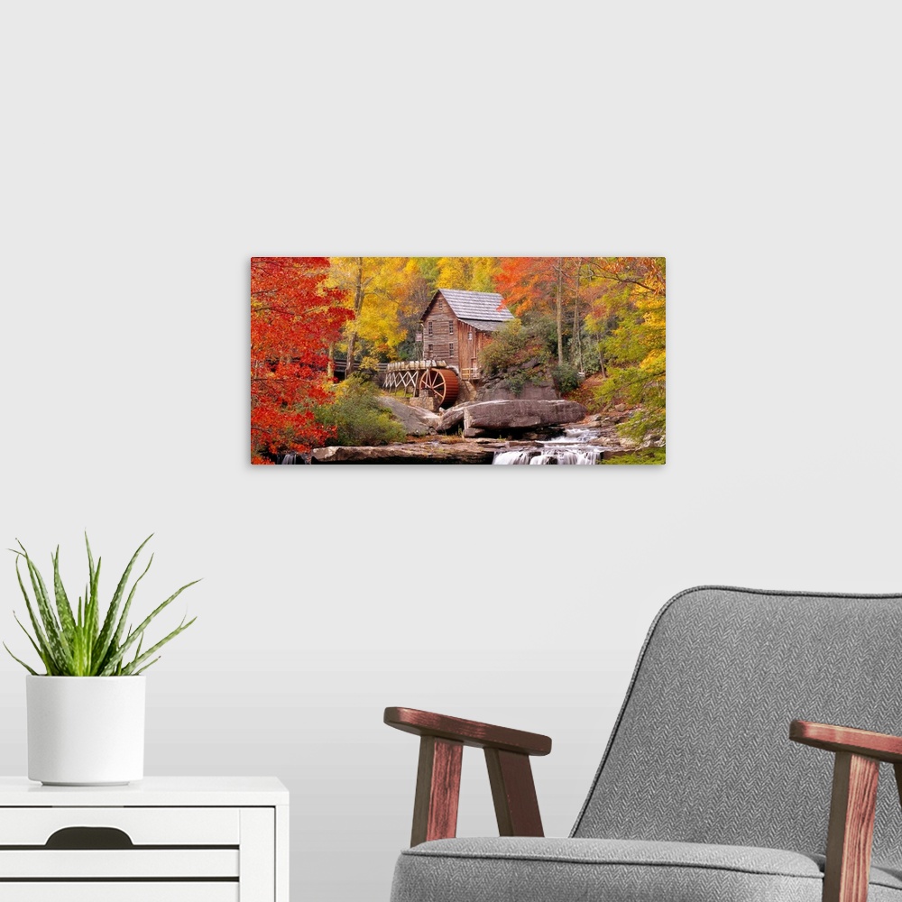 A modern room featuring Panoramic photograph of the Glade Creek Grist Mill located within Babcock State Park in West Virg...