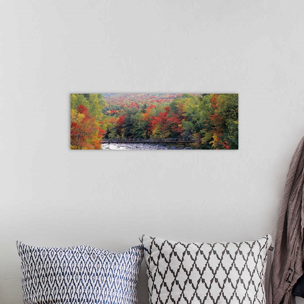 A bohemian room featuring A suspension foot bridge passes over a boulder filled river in this panoramic photograph wall art.