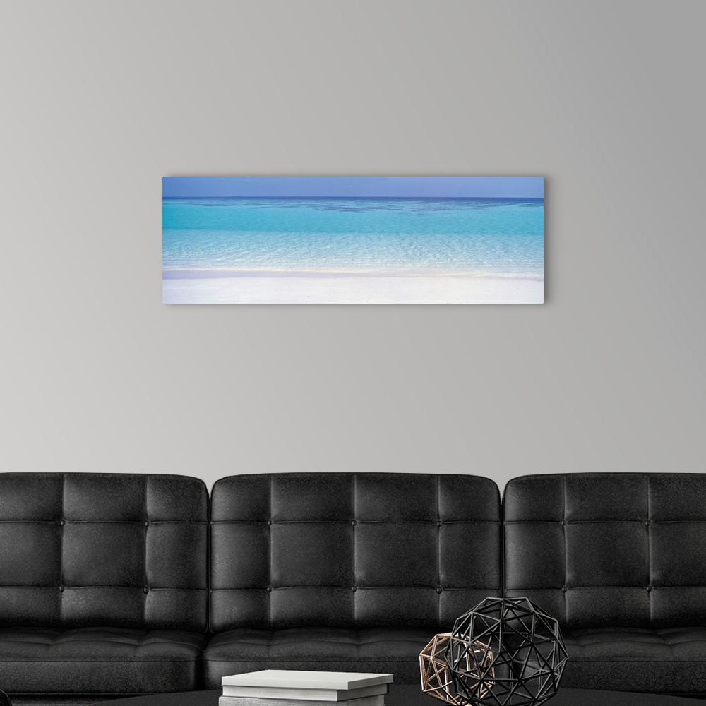 A modern room featuring This panoramic photograph shows clear tropical water creating ripples against the shore.