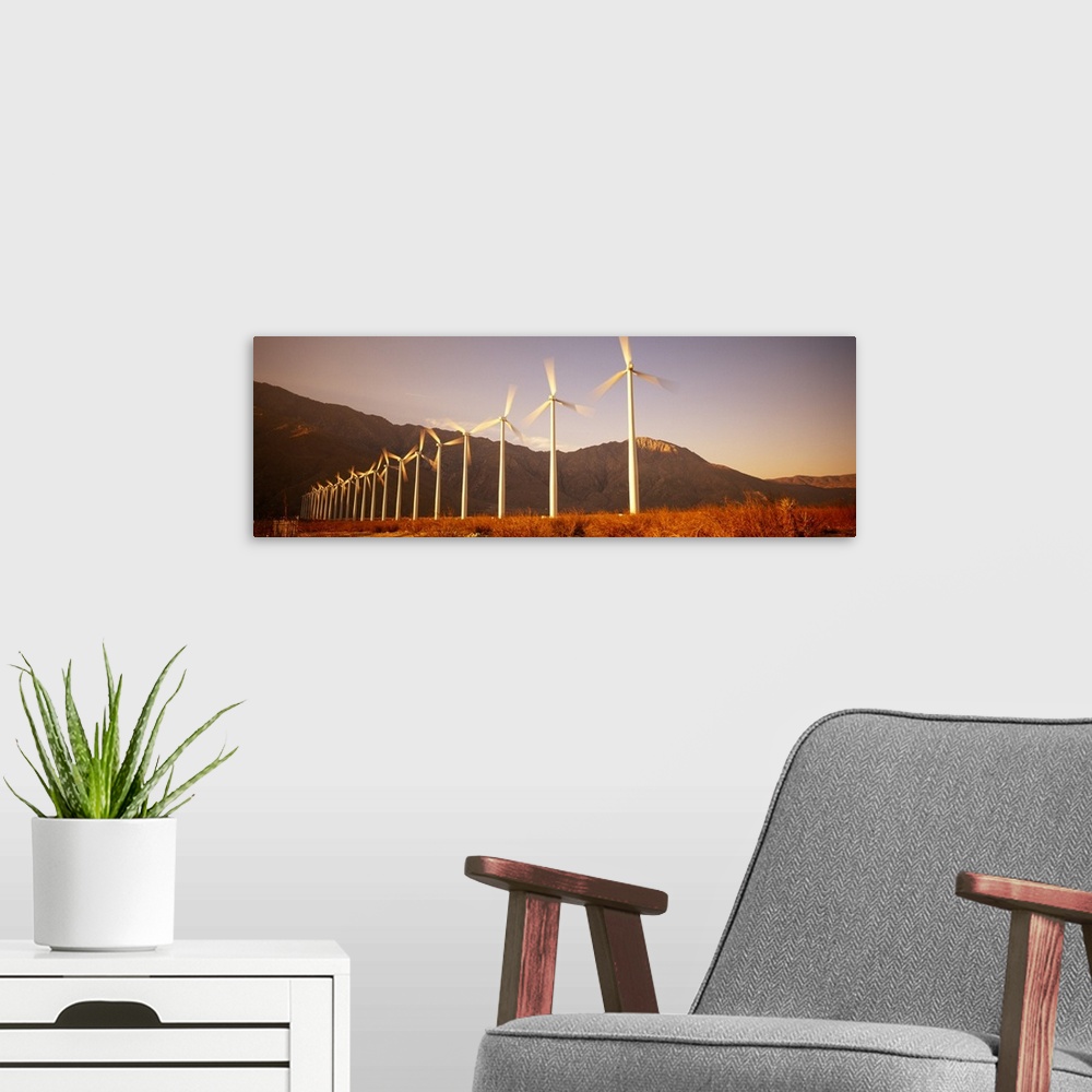 A modern room featuring Wind turbines in a row, Palm Springs, California