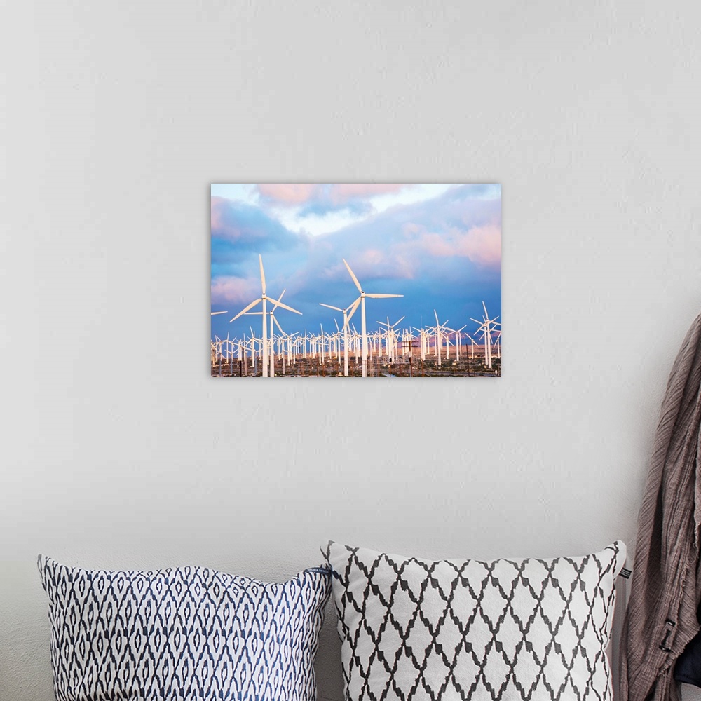 A bohemian room featuring Wind turbines under the cloudy sky, Palm Springs, Riverside County, California