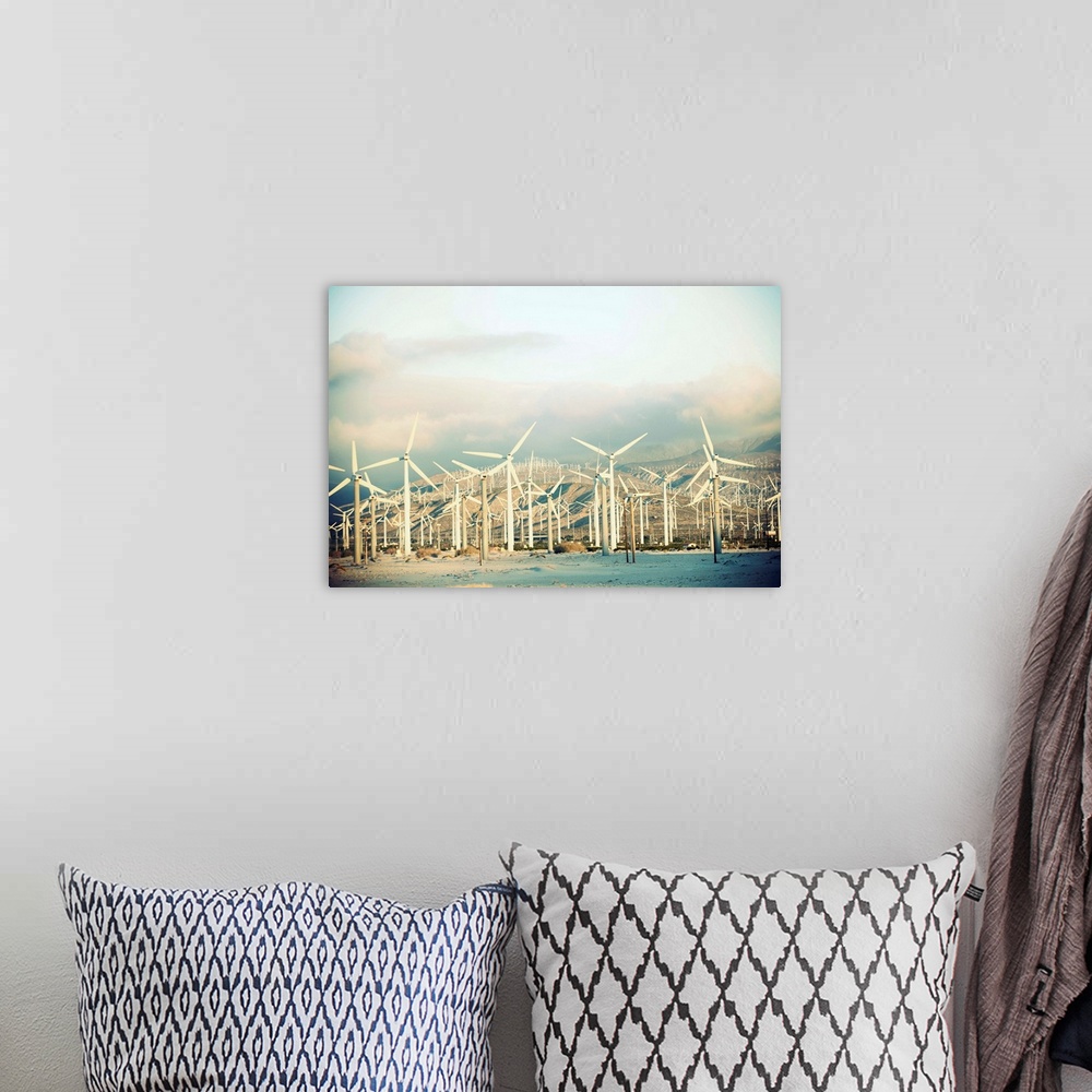 A bohemian room featuring Wind turbines with mountains in the background, Palm Springs, California
