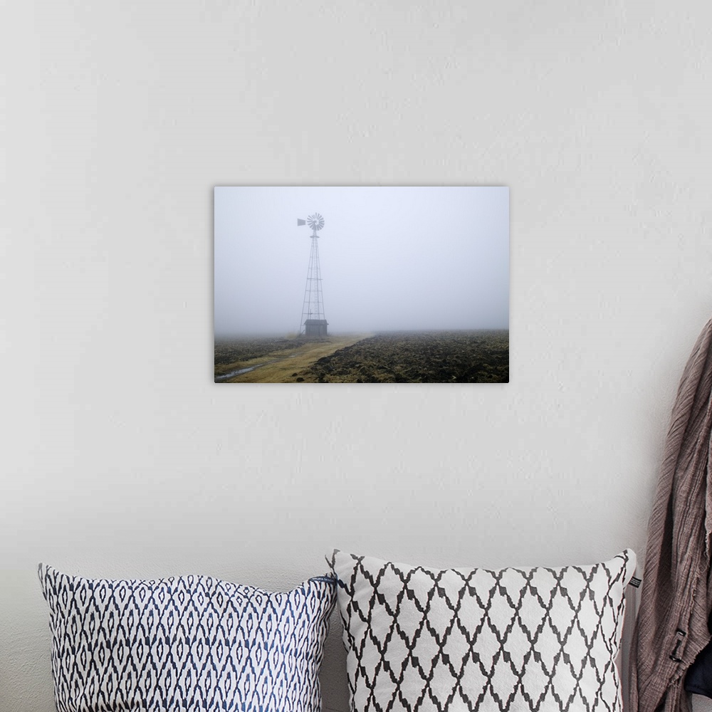A bohemian room featuring Windmill in heavy fog, Iowa