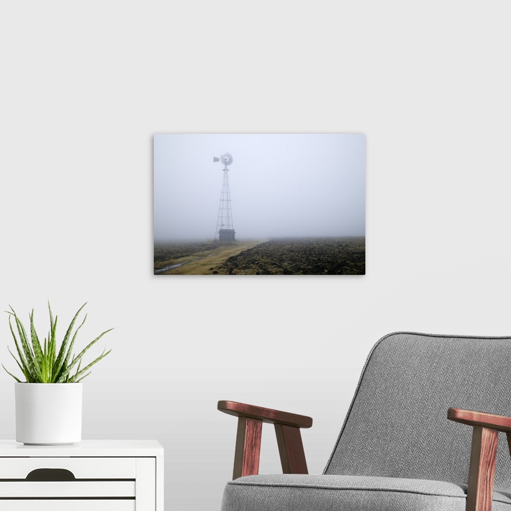 A modern room featuring Windmill in heavy fog, Iowa
