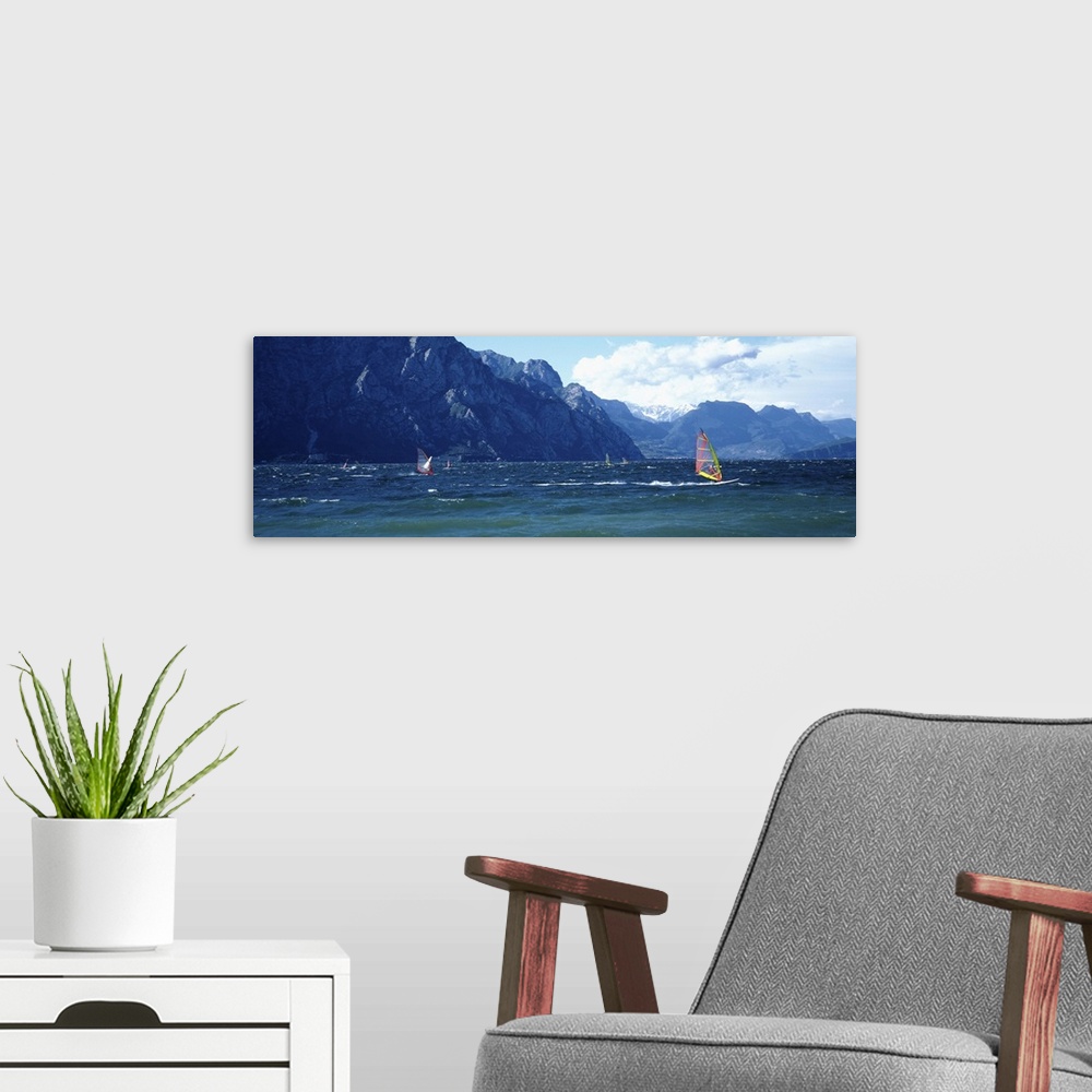 A modern room featuring Windsurfing on a lake, Lake Garda, Italy