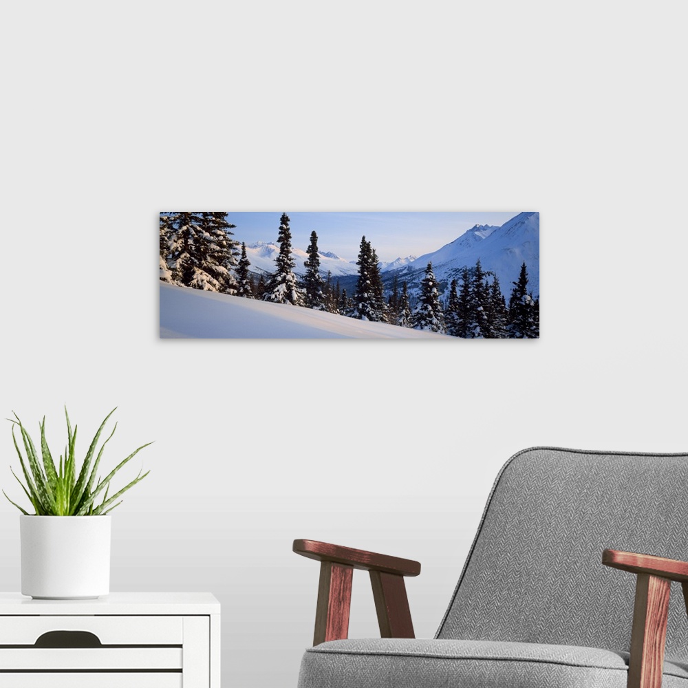 A modern room featuring Winter Chugach Mountains AK