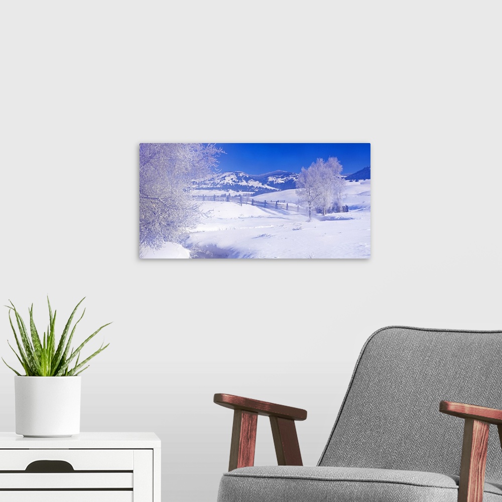 A modern room featuring Snow blankets the ground and covers the trees that are in the foreground with a mountainous view ...