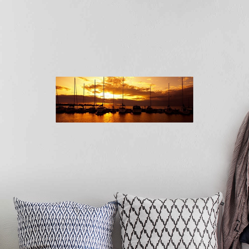 A bohemian room featuring Panoramic photograph of many boats in a line, docked in Egg Harbor beneath a vibrant setting sun,...