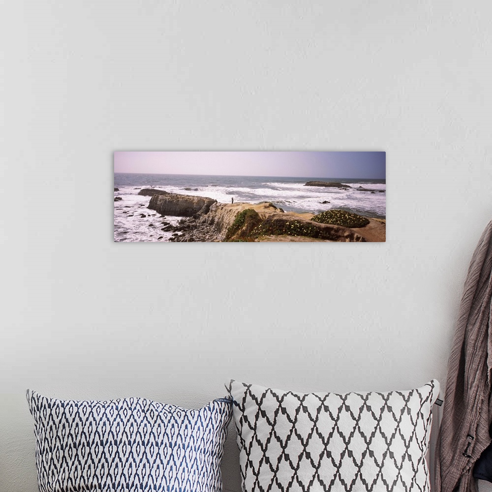A bohemian room featuring Woman taking a photograph of the coastline, San Mateo County, California,