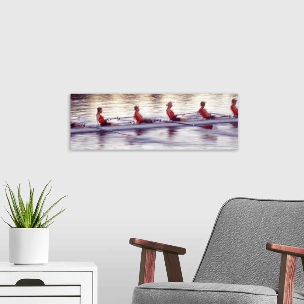 A modern room featuring Women rowing boat