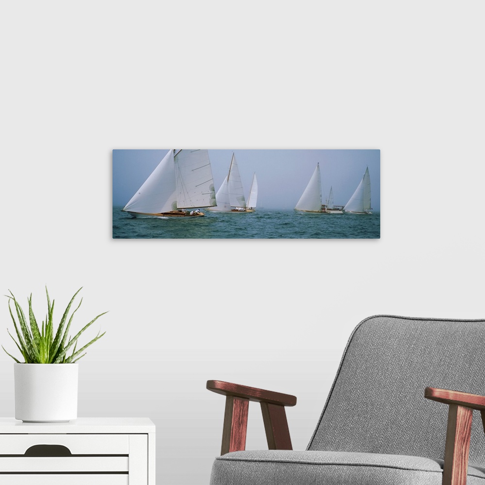 A modern room featuring Panoramic photograph of sailboats crossing the ocean on a clear day.