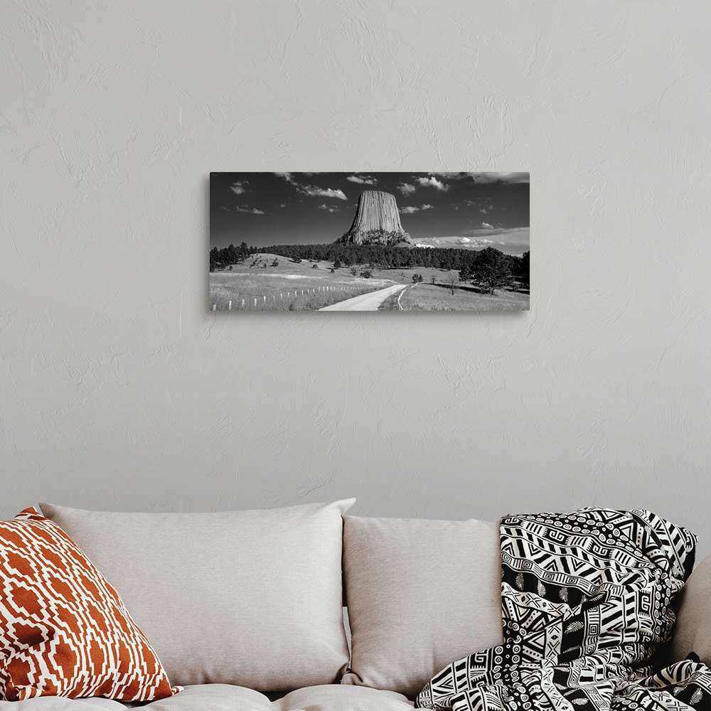 A bohemian room featuring Wyoming, Devils Tower National Monument, Low angle view of a natural rock formation (Black And Wh...