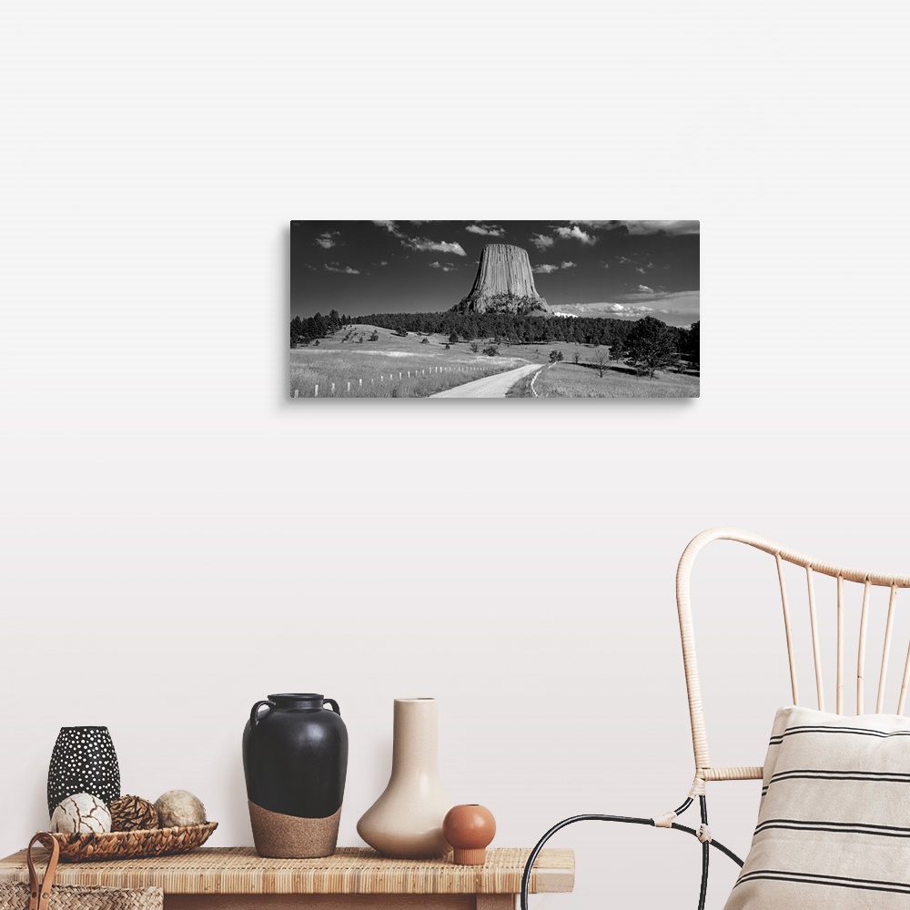 A farmhouse room featuring Wyoming, Devils Tower National Monument, Low angle view of a natural rock formation (Black And Wh...