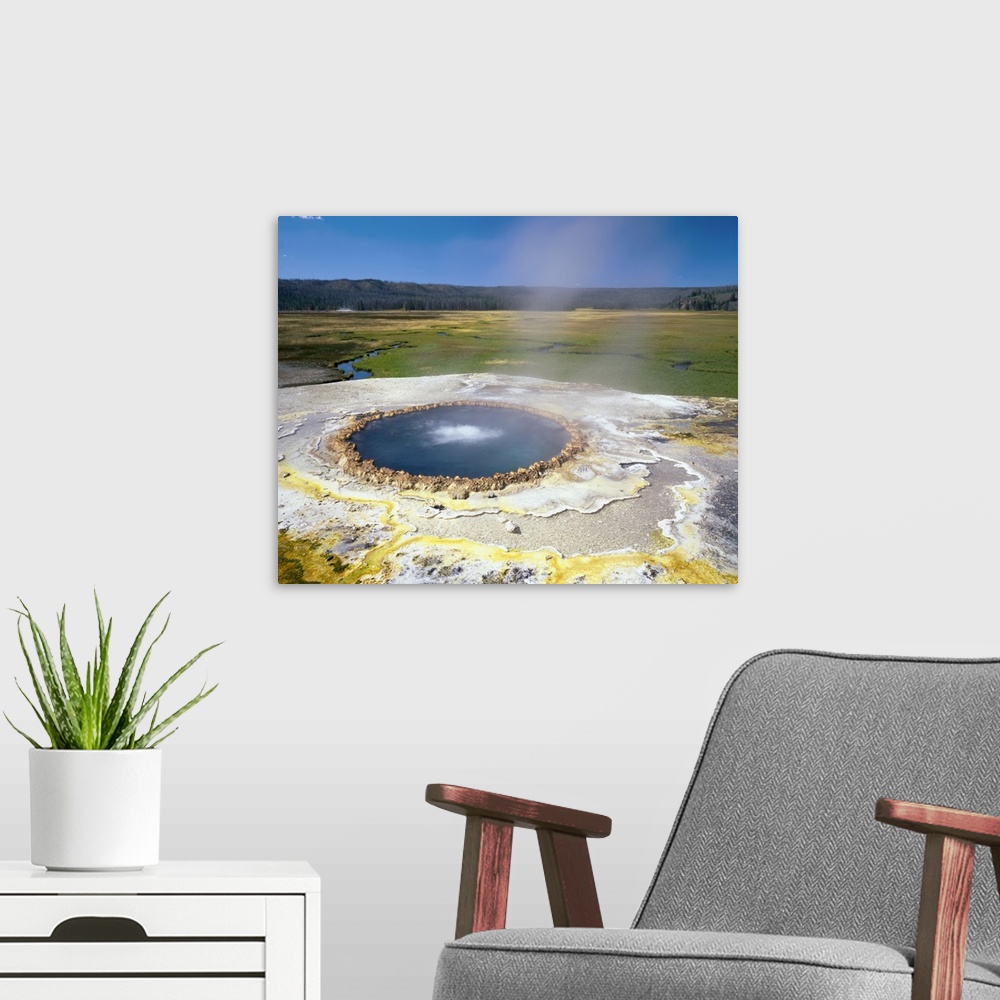 A modern room featuring Wyoming, Yellowstone National Park, Lower Geyser Basin, Steam erupting from the natural geyser
