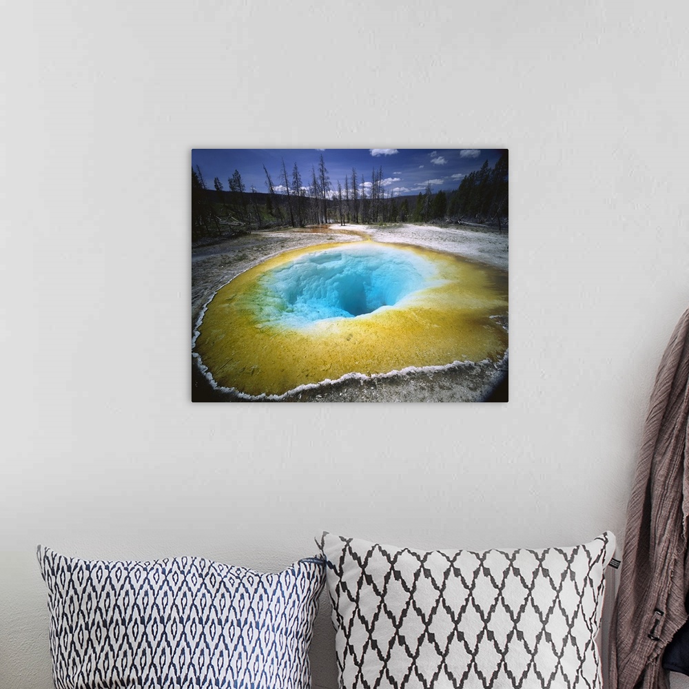 A bohemian room featuring Horizontal, large photograph of colorful Morning Glory Pool surrounded by forest landscape, in Ye...