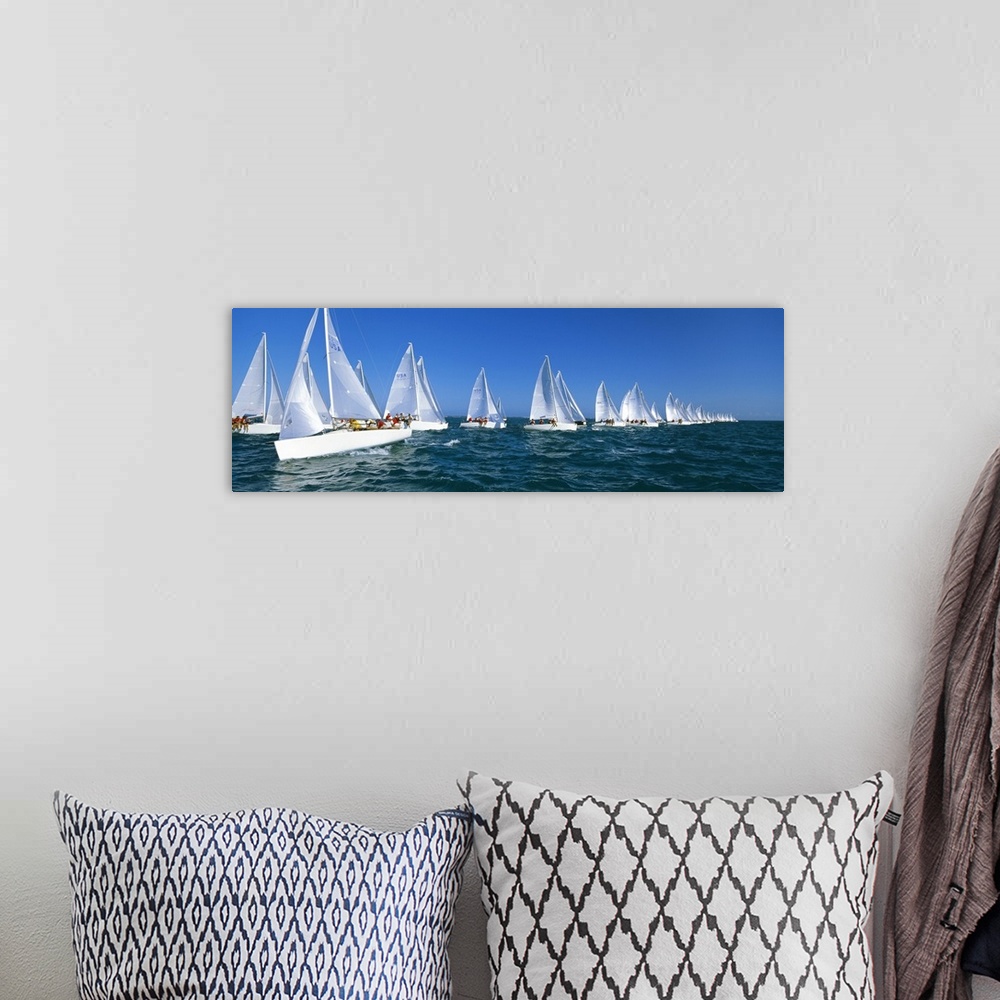 A bohemian room featuring Big, landscape photograph of many white yachts in a line, beneath a blue sky, during a race in th...