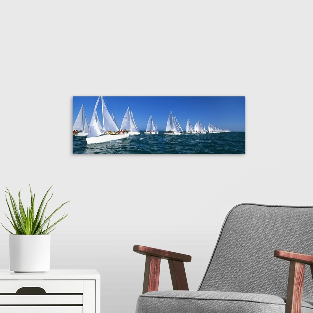 A modern room featuring Big, landscape photograph of many white yachts in a line, beneath a blue sky, during a race in th...