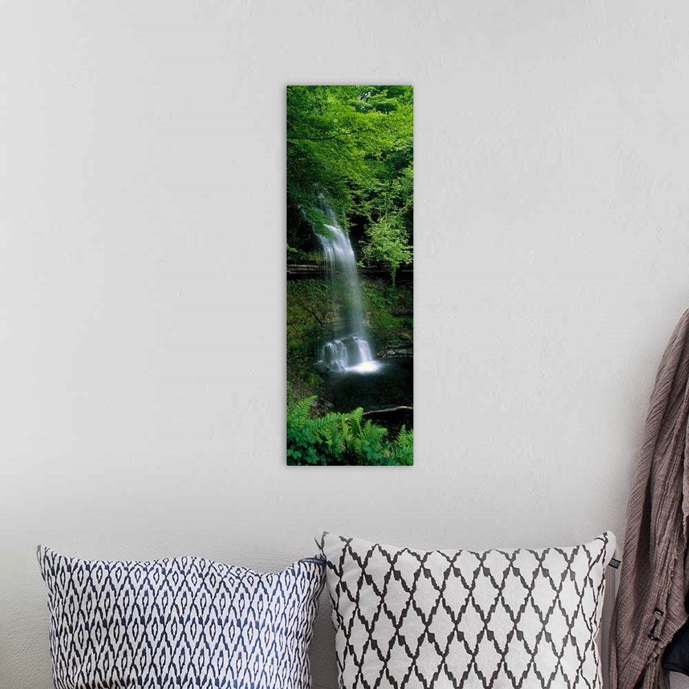 A bohemian room featuring Vertical panoramic photograph of water cascading over a tree covered cliff's edge down to a lagoon.