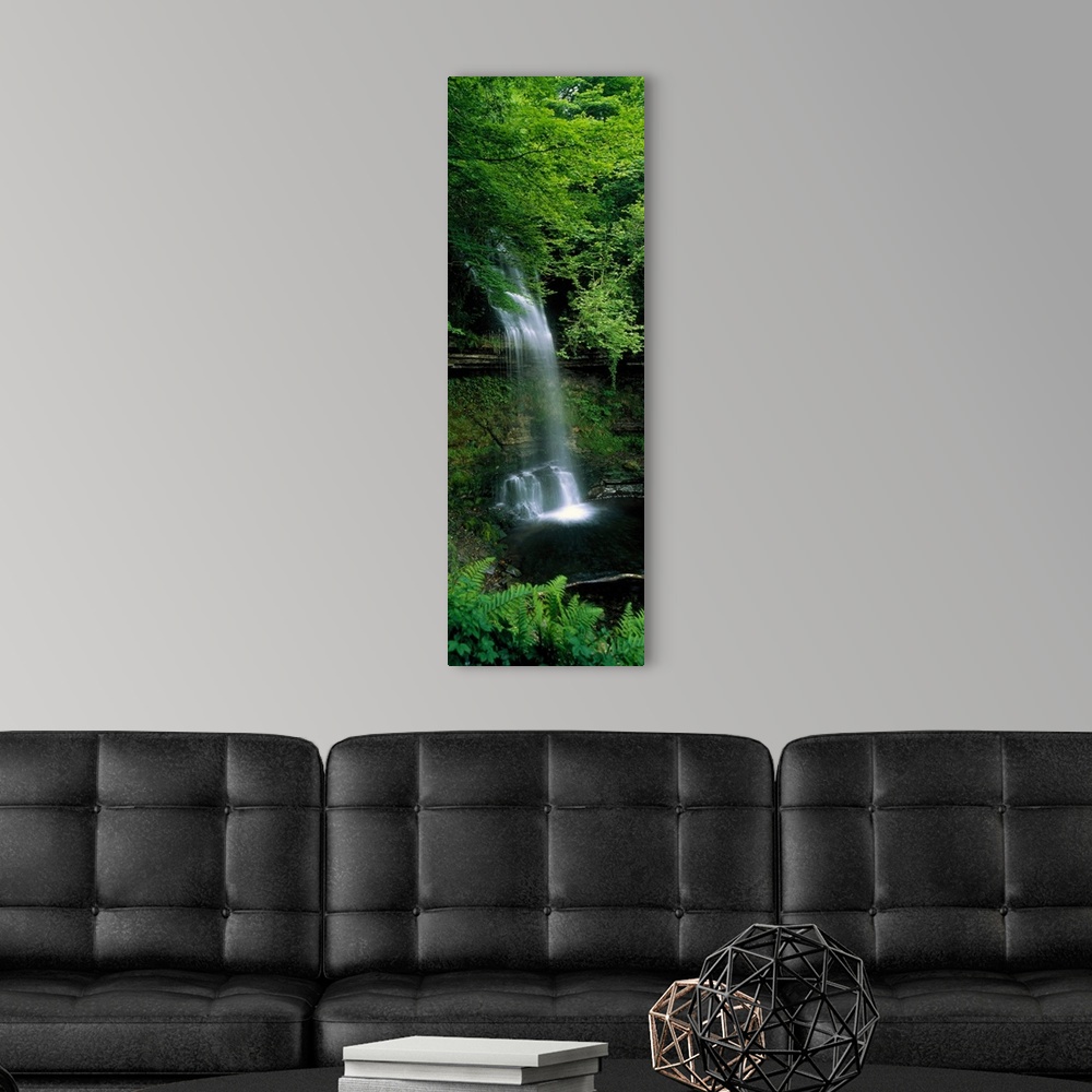 A modern room featuring Vertical panoramic photograph of water cascading over a tree covered cliff's edge down to a lagoon.