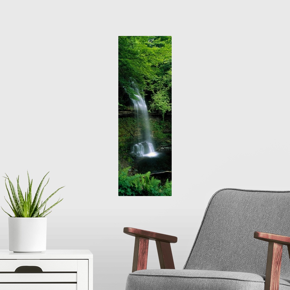 A modern room featuring Vertical panoramic photograph of water cascading over a tree covered cliff's edge down to a lagoon.