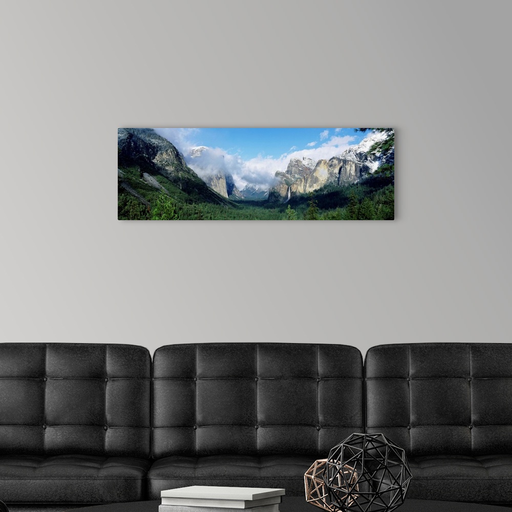 A modern room featuring Panoramic photograph shows a valley in Yosemite National Park filled with a dense forest of trees...