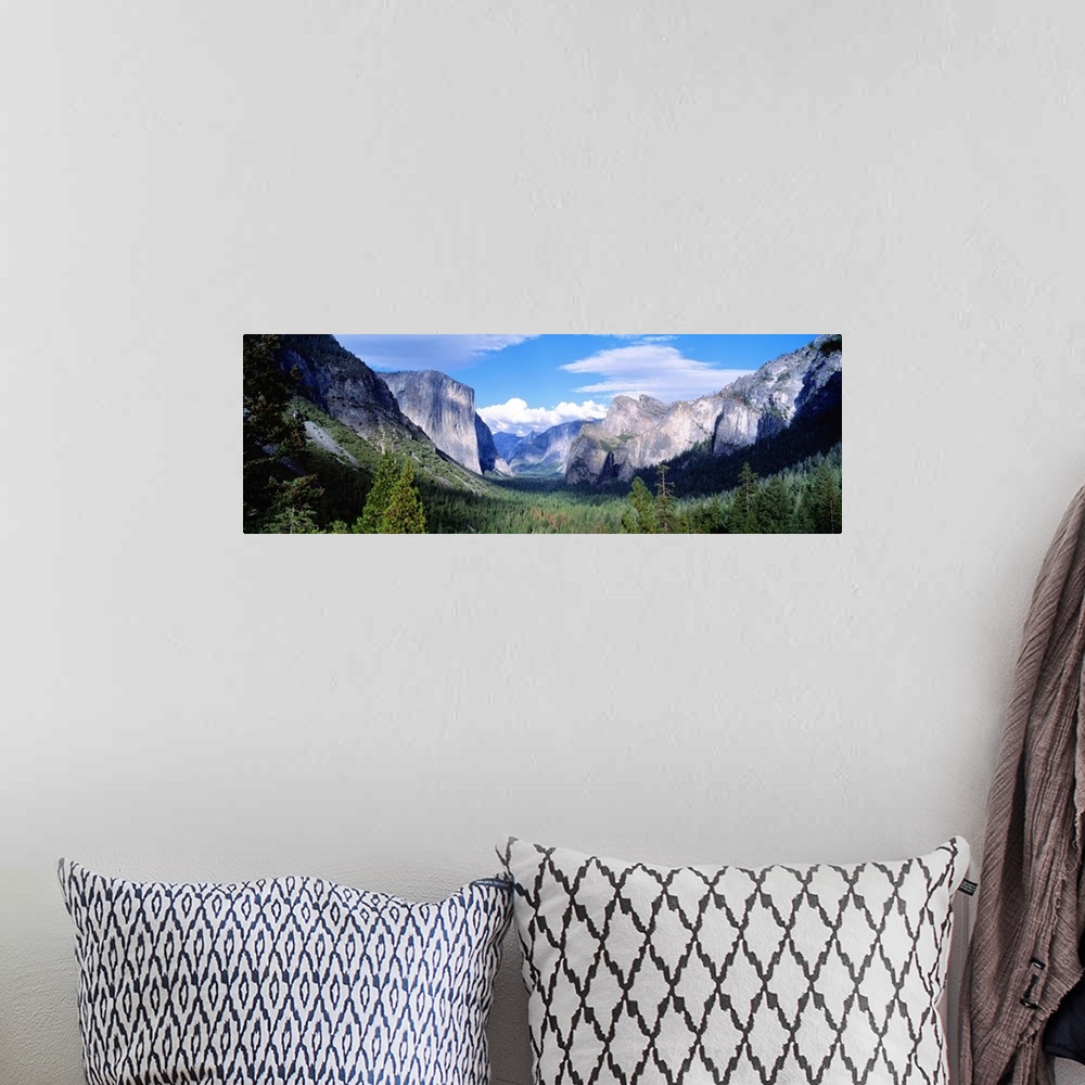 A bohemian room featuring Wide angle photograph of tree tops in a valley surrounded by mountains, beneath a blue sky, in Yo...