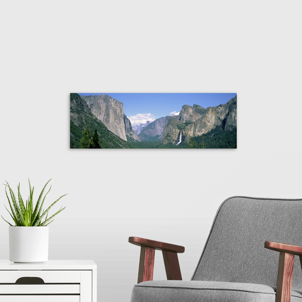 A modern room featuring Panoramic photograph on a big canvas of tree tops beneath a mountain landscape against a light bl...