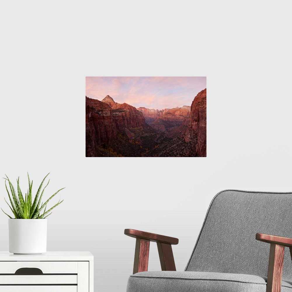 A modern room featuring Zion Canyon at sunset, Zion National Park, Springdale, Utah