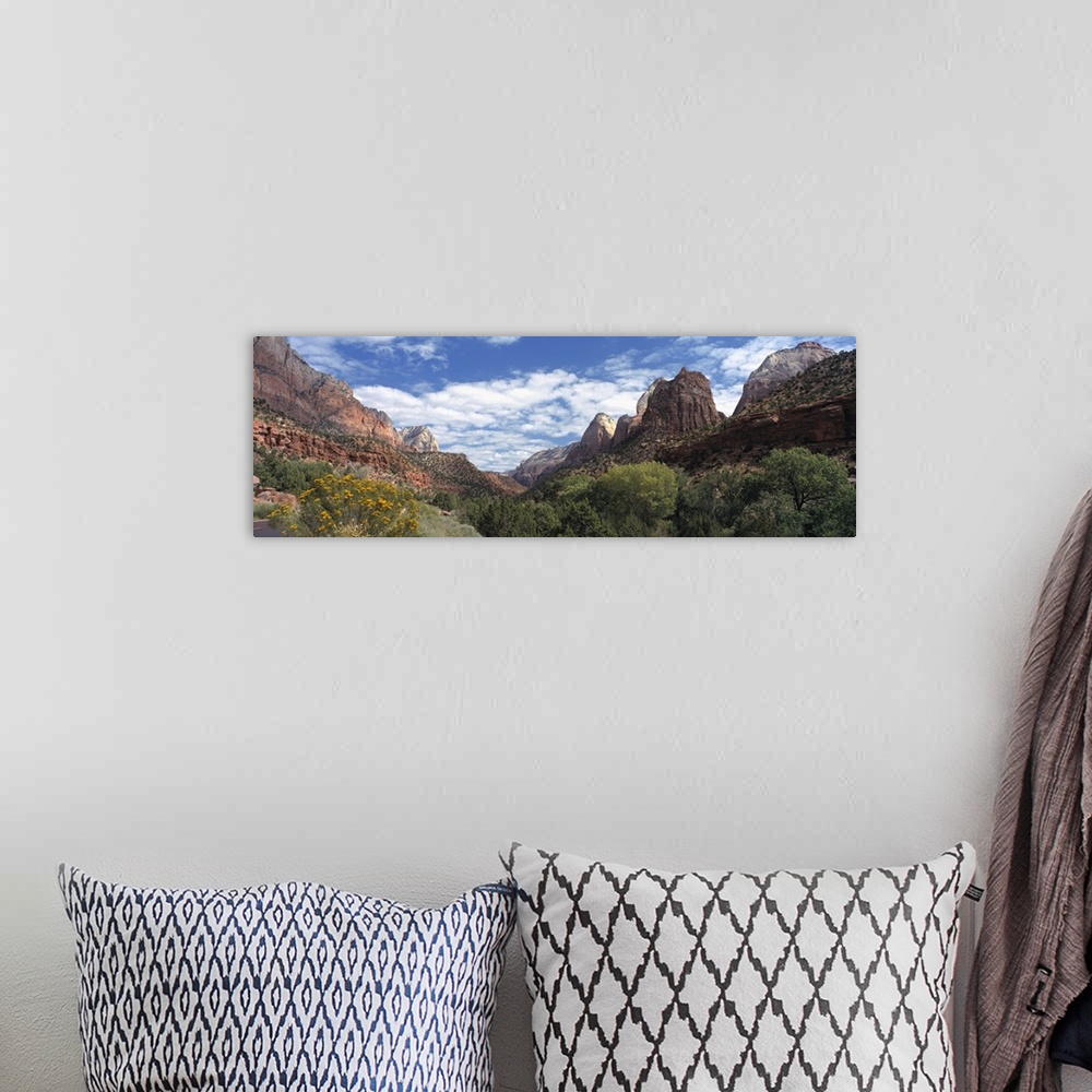 A bohemian room featuring Panoramic photograph of canyon under a cloudy sky with dense shrubbery in the foreground.