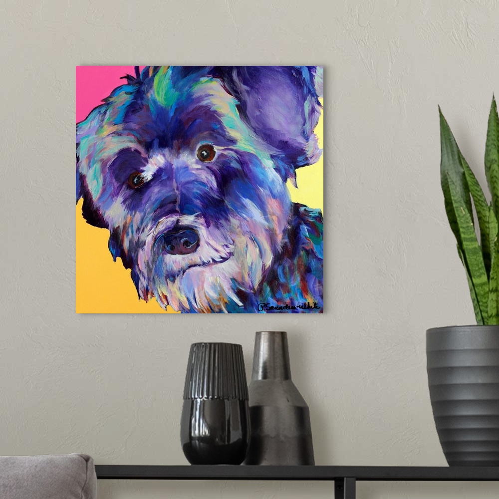 A modern room featuring Abstract painting of the up close face of a dog.