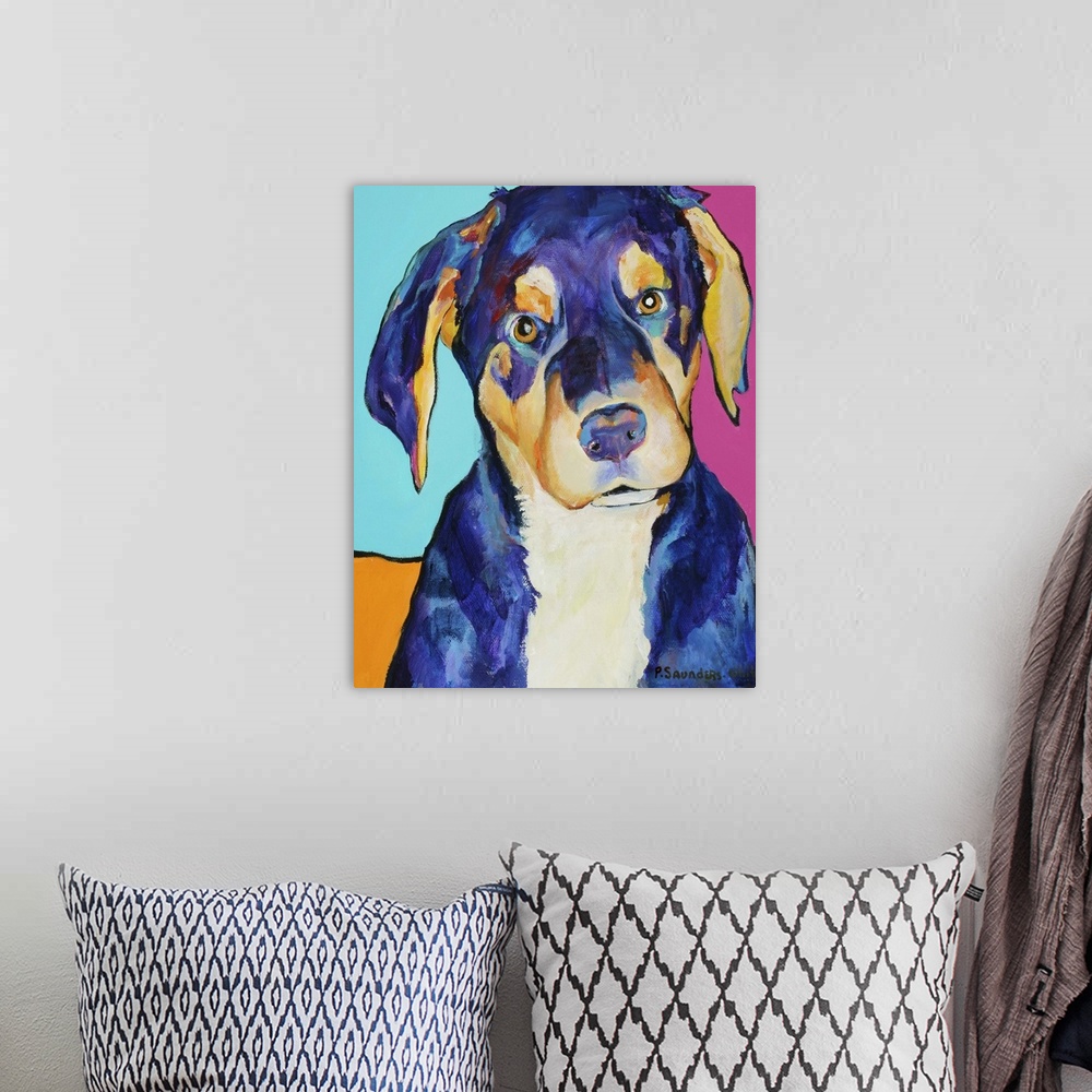 A bohemian room featuring Contemporary painting of a hound dog puppy.