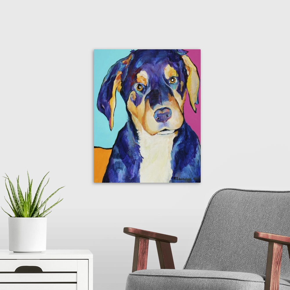 A modern room featuring Contemporary painting of a hound dog puppy.