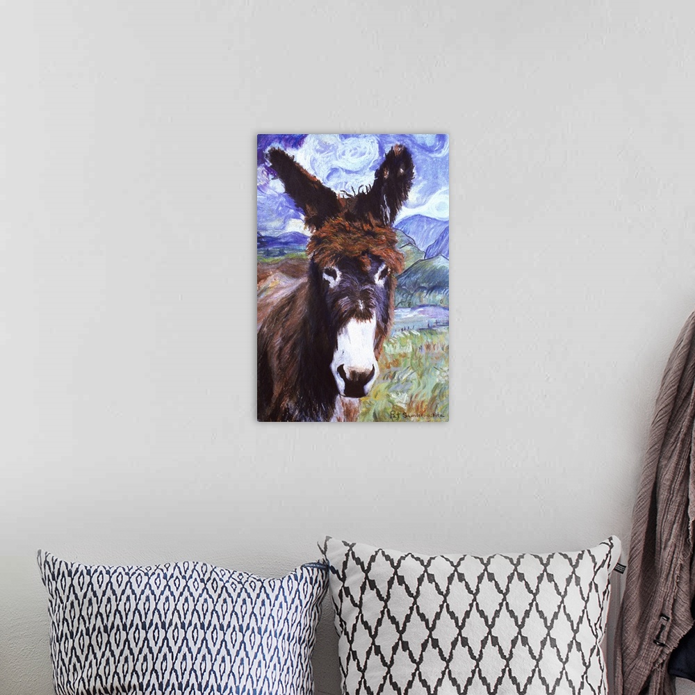 A bohemian room featuring Contemporary artwork of a donkey with fuzzy fur in a field.
