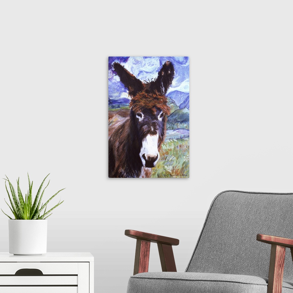 A modern room featuring Contemporary artwork of a donkey with fuzzy fur in a field.