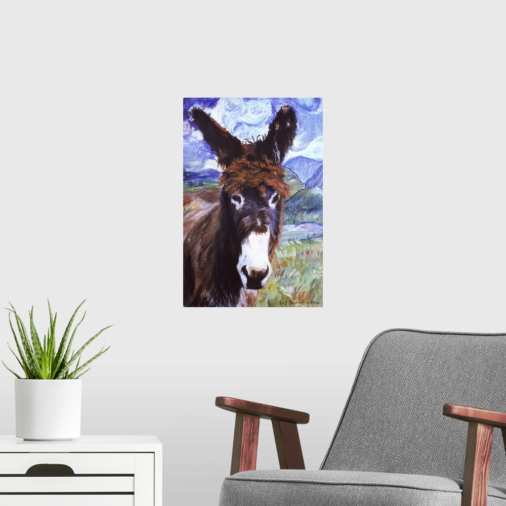 A modern room featuring Contemporary artwork of a donkey with fuzzy fur in a field.