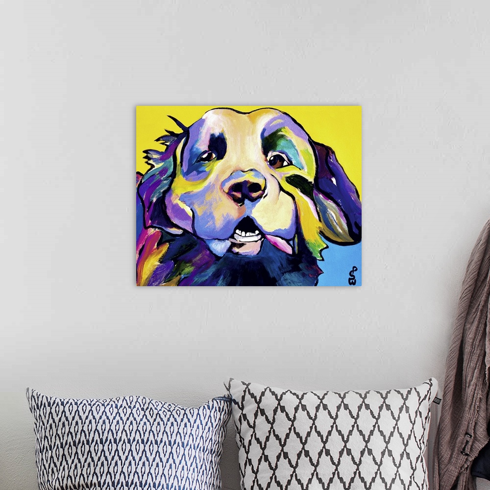 A bohemian room featuring Contemporary painting in bright colors of a smiling dog.