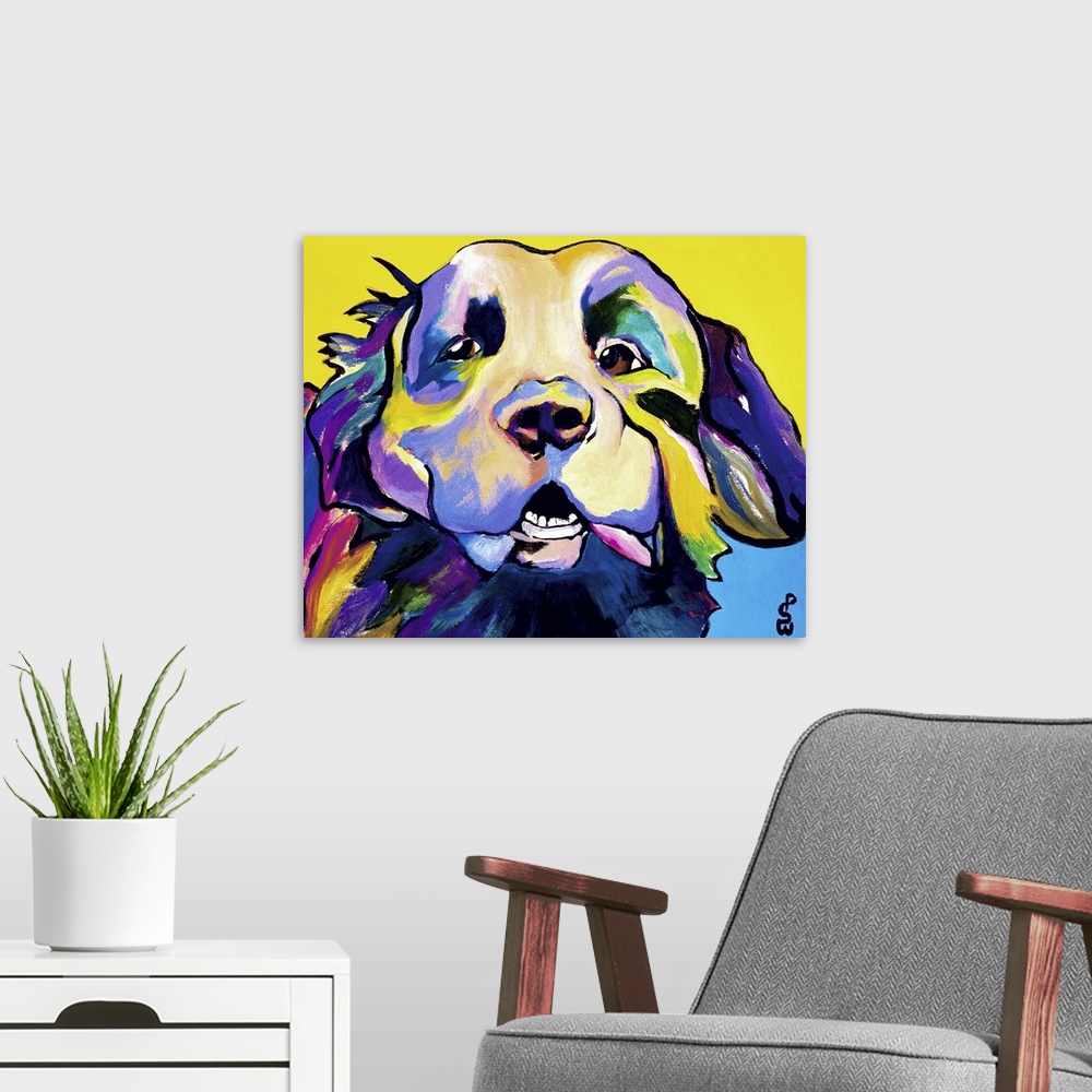 A modern room featuring Contemporary painting in bright colors of a smiling dog.