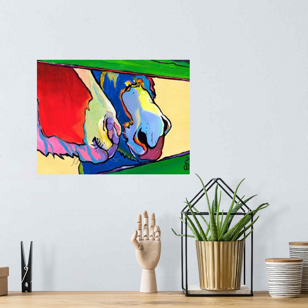 A bohemian room featuring Abstract modern art of a closeup view of two horses nuzzling beside a fence.