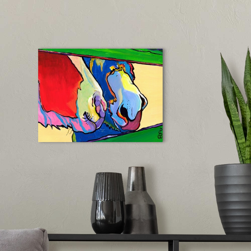 A modern room featuring Abstract modern art of a closeup view of two horses nuzzling beside a fence.