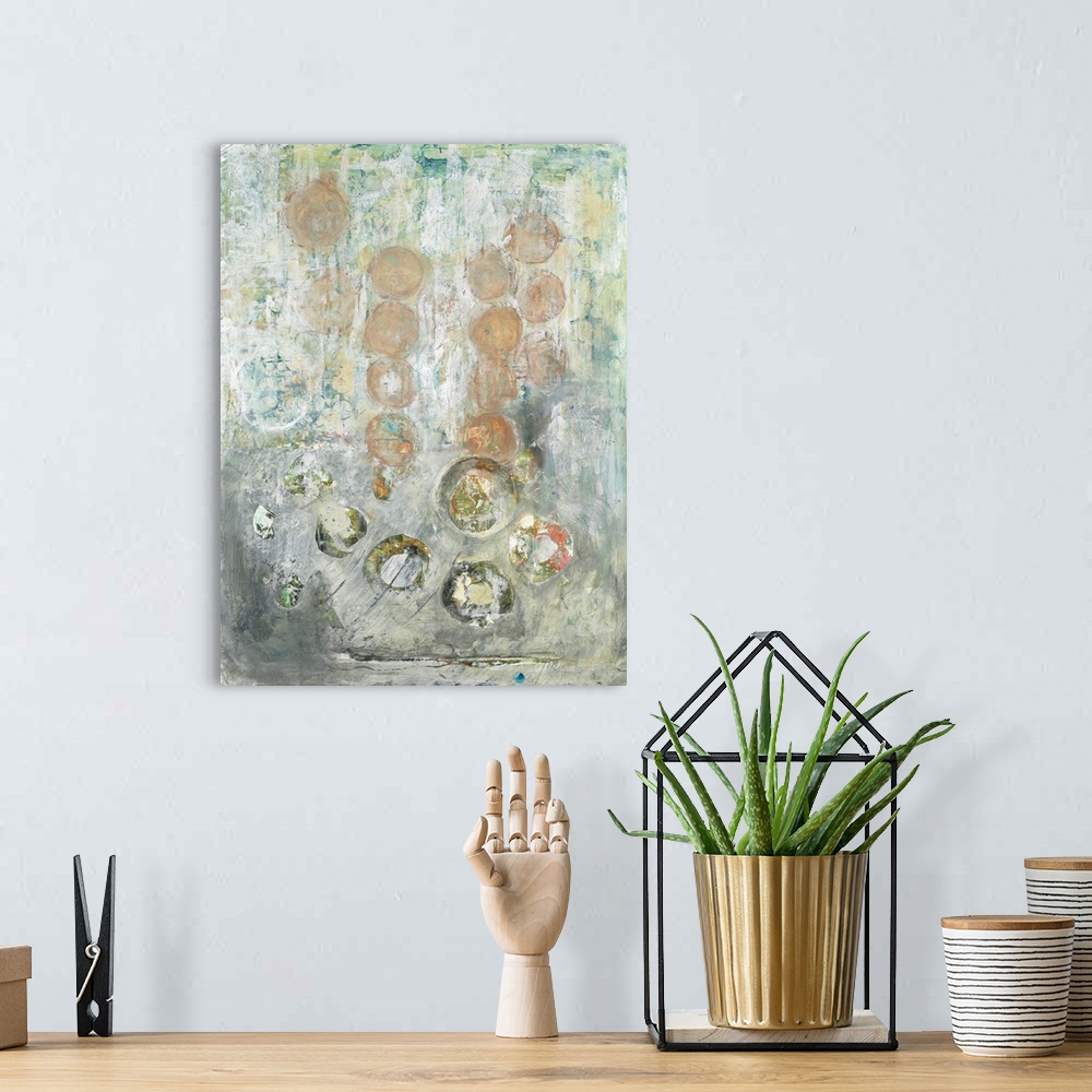 A bohemian room featuring Contemporary abstract artwork featuring subtle round shapes in neutral colors.